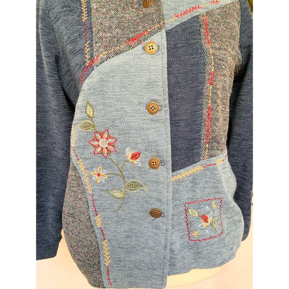 Vintage 90's Alfred Dunner Blue Tweed Patchwork Floral Embroidery Button Jacket - Picture 4 of 9